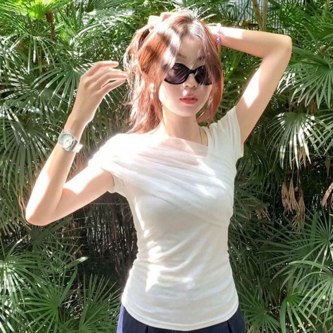 韩系白色网纱正肩短袖夏季T恤女露肩设计感修身百搭上衣