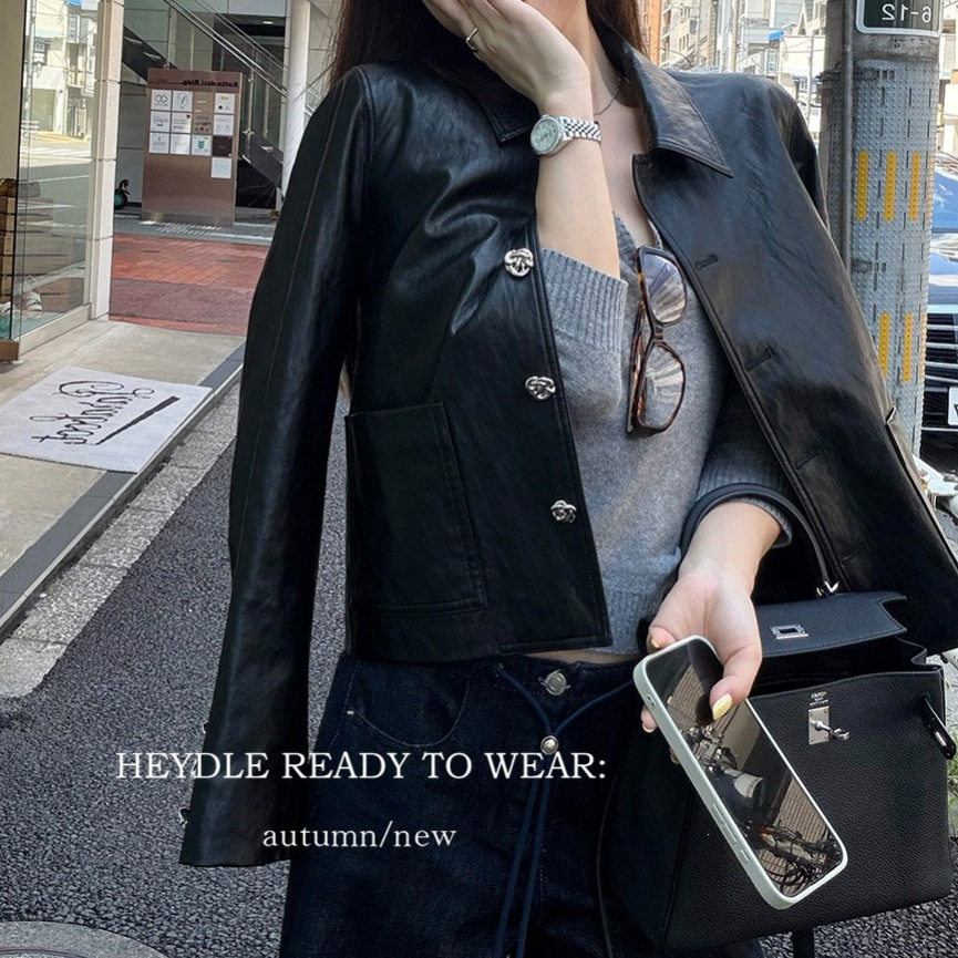 黑豆哼哼 复古黑色翻领夹克外套高级感异形扣短款气质皮衣女