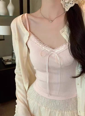 纯欲蕾丝花边抹胸背心女夏季甜辣妹蝴蝶结修身小吊带短款美背上衣
