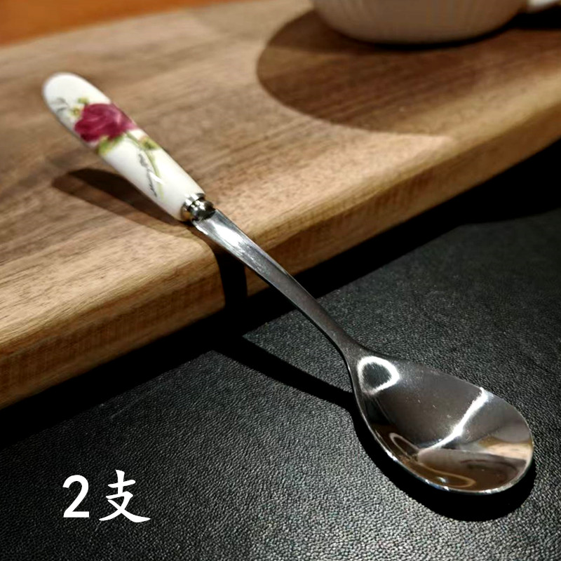 2支咖啡勺陶瓷柄不锈钢甜品勺子