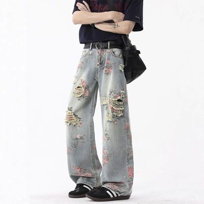 设计感破洞牛仔裤微喇夏季裤子美式弯刀直筒裤满印男款高街玫瑰花