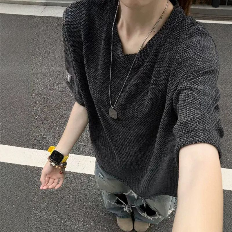 圆领深灰色短袖潮牌冰丝上衣美式