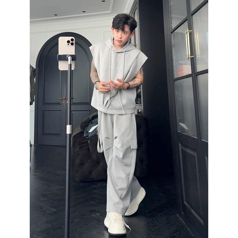 一整套无袖夏季卫衣运动宽松搭配男休闲套装工装连帽背带序77长裤