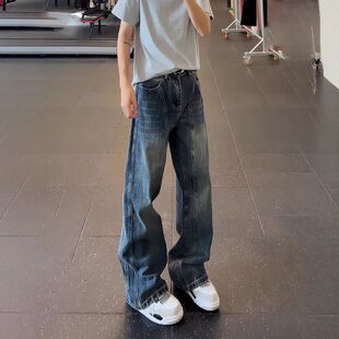 牛仔裤微喇拼接高街直筒裤裤子蓝窄男款春秋季复古美式水洗弯刀版