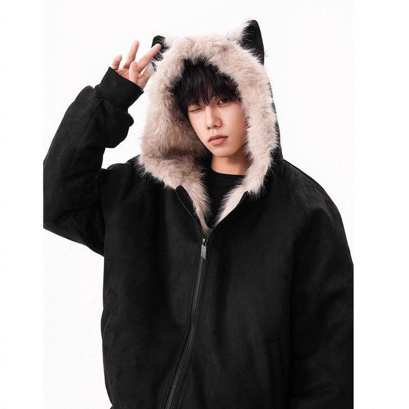 加厚座山雕绒毛麂皮潮牌男女兔耳加绒夹克情侣冬季领重磅棉服美式,男装,棉衣,淘宝优惠券,粉丝福利购,淘宝优惠卷