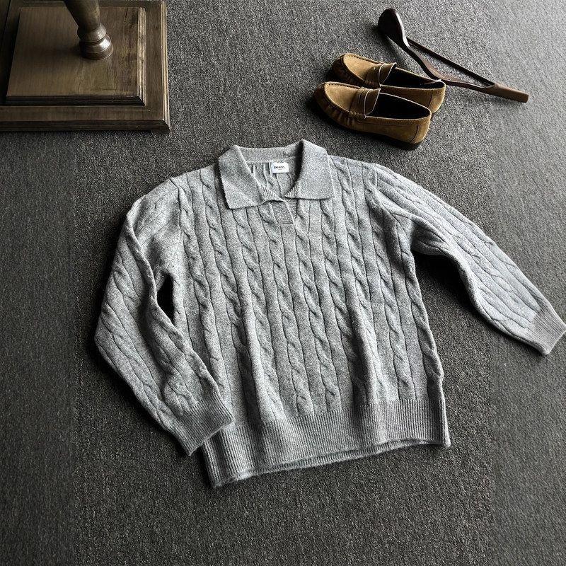 领美式p上衣v麻花松弛领毛衣灰色男慵懒olo长袖复古感冬季针织衫