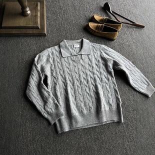 领美式p上衣v麻花松弛领毛衣灰色男慵懒olo长袖复古感冬季针织衫