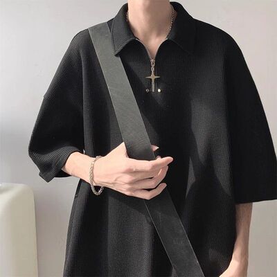 衫美式OLO潮牌上衣休闲P半华夫格短袖t恤拉链男纯色宽松翻领夏季