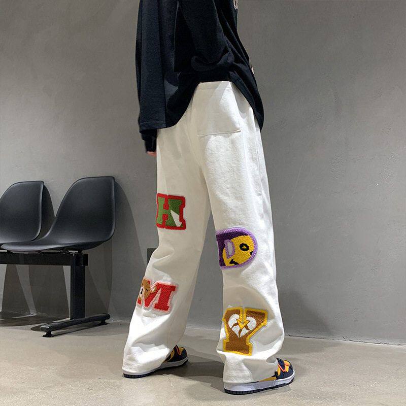 休闲裤春夏国潮阔腿裤vibe男嘻哈高街裤子风刺绣潮牌白色宽松直筒