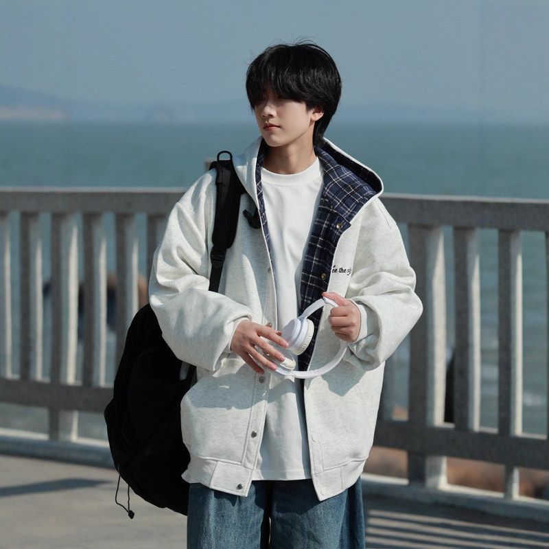 拼色开衫男女连帽重磅复古宽松设计感休闲外套卫衣加绒秋冬季潮牌