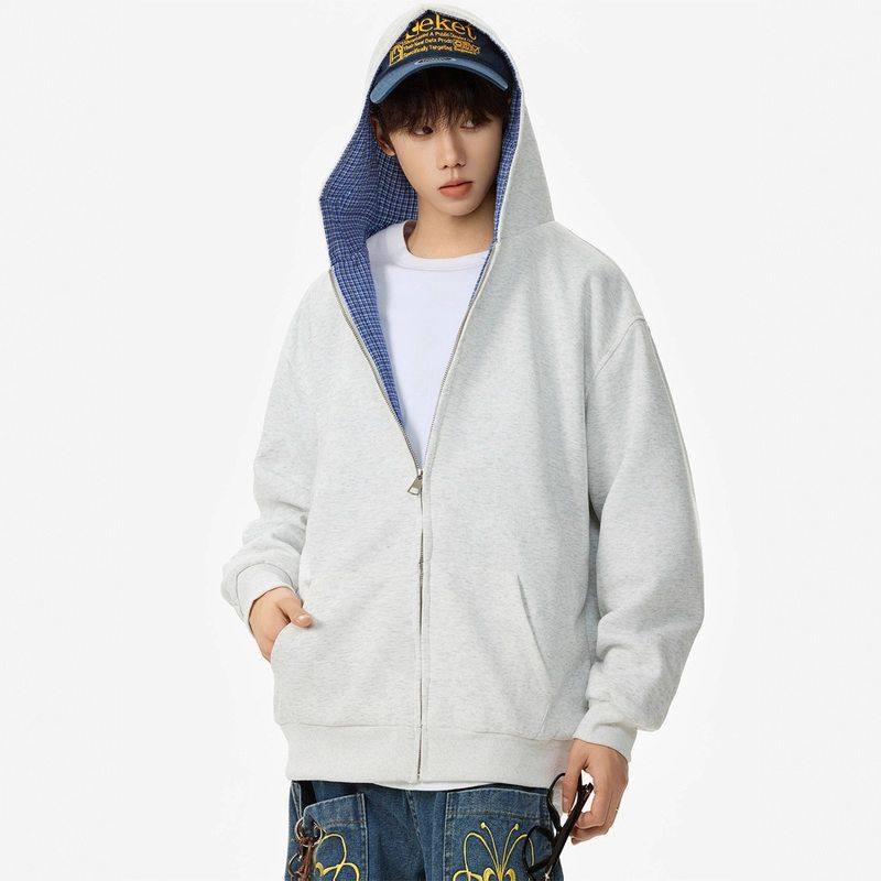 卫衣美式灰色格纹秋外套潮牌开衫拼接复古男女双面穿连帽上衣拉链