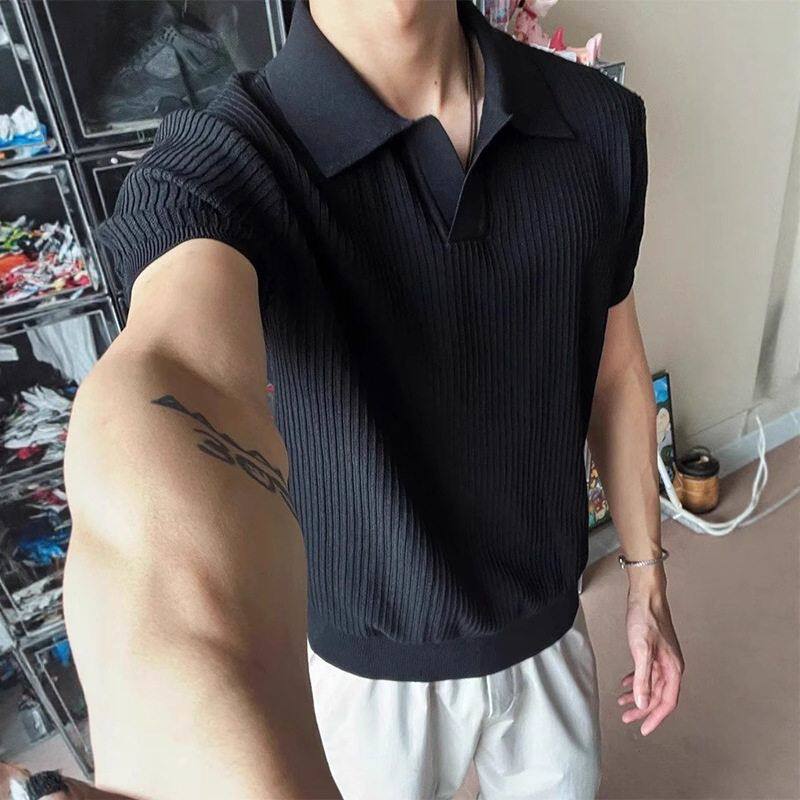 收t恤老钱袖口半袖领海鸥风针织冰丝毛衣男衫olo夏季高级感短袖p