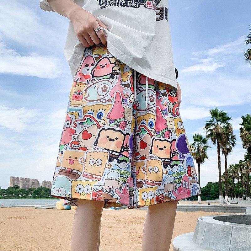 薄款休闲潮沙滩裤男夏季大裤衩速宽松短裤睡裤可外穿干花卡通居家
