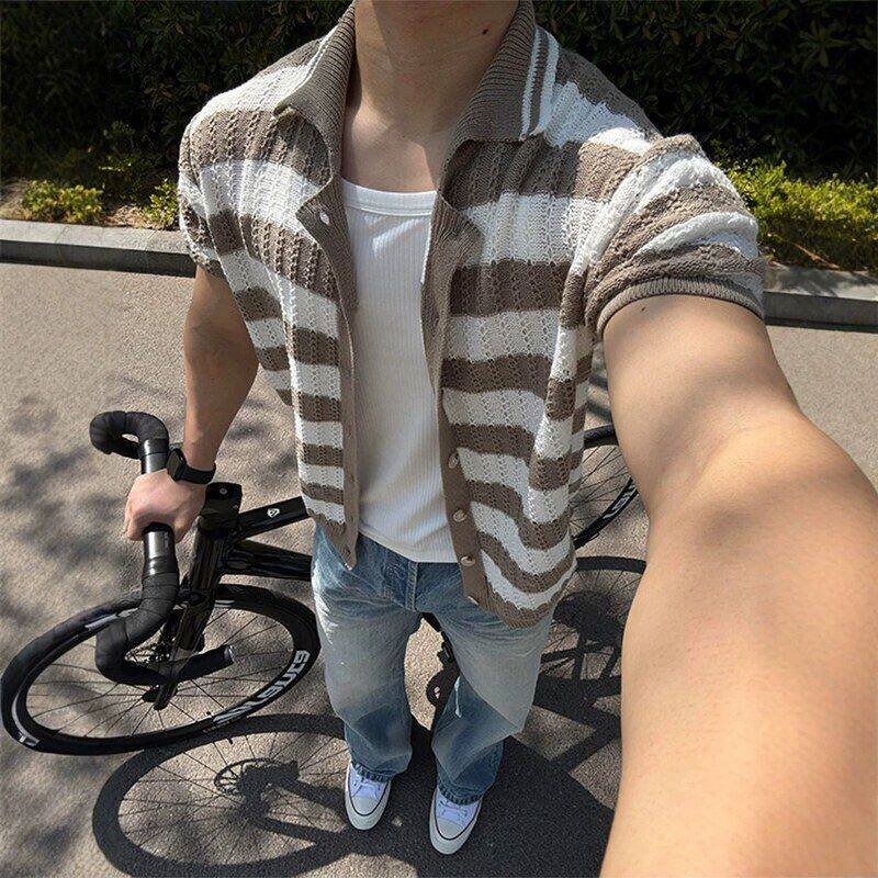 风针织镂空复古男款半袖高级感条纹美式衬衣外套夏季慵懒短袖衬衫