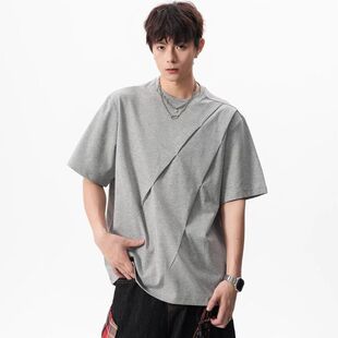 短袖c宽松男女leanfit剪裁版型立体t恤百搭半袖夏季boxy斜褶情侣