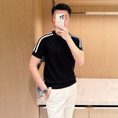 新款条纹休闲男士上衣短袖时尚拼色t恤夏季 圆领复古针织冰丝修身