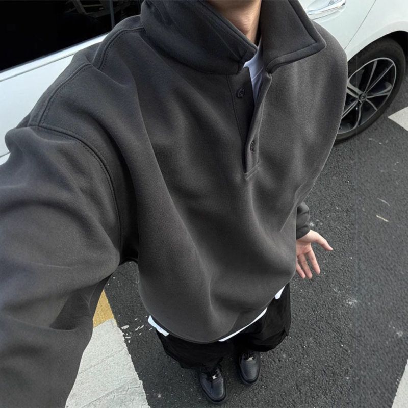 p春秋翻领款领外套高级感男复古深灰色长袖内olo卫衣搭美式打底衫