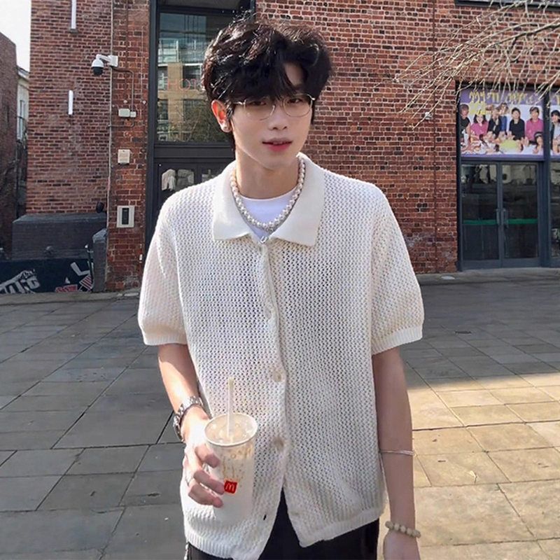 半截c设计感le短袖网眼翻领潮衬衫男小众anfit衬衣袖ins镂空白色