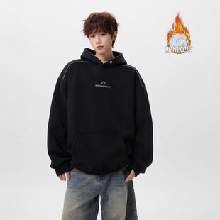 刺绣卫衣字母加厚男生新款保暖帽衫重磅连帽加绒潮牌秋冬美式外套