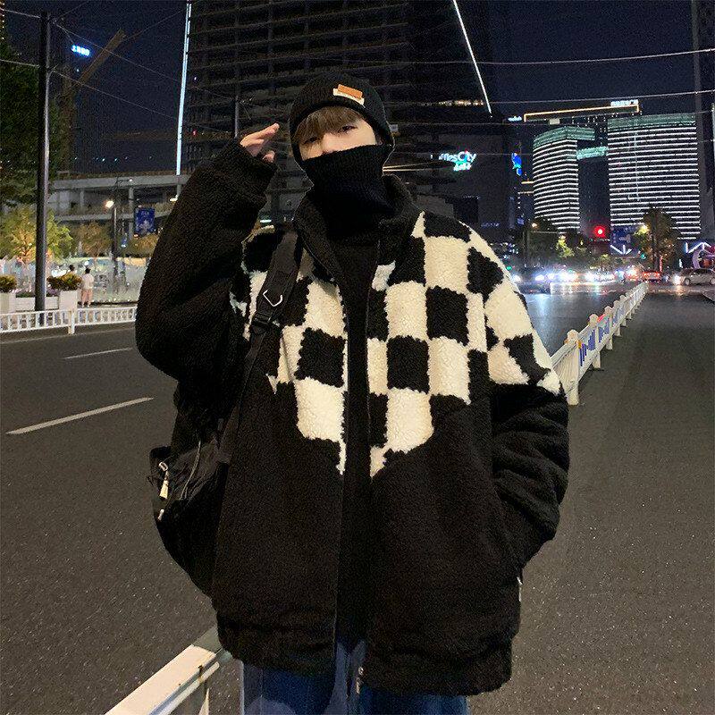 oversize棋盘格高级感拼接羊羔绒情侣加厚潮流外套男棉服冬季棉衣