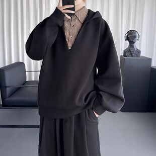 秋冬季外套卫衣高级感条纹慵懒领男款连V假两件廓形重磅帽衫美式