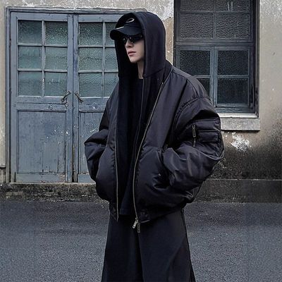 冬季羽绒球服连帽外套短款飞行棉棒假两件美式棉服夹bomber夹克男