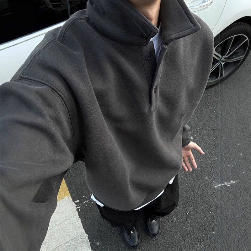 春秋男美式长袖内高级感打底衫翻领卫衣复古领外套搭款olop深灰色