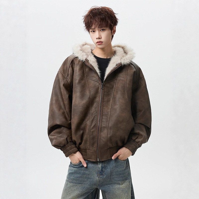 棉服保暖连帽一体棉衣加绒座山雕皮男厚外套皮毛pu美拉德冬季毛领