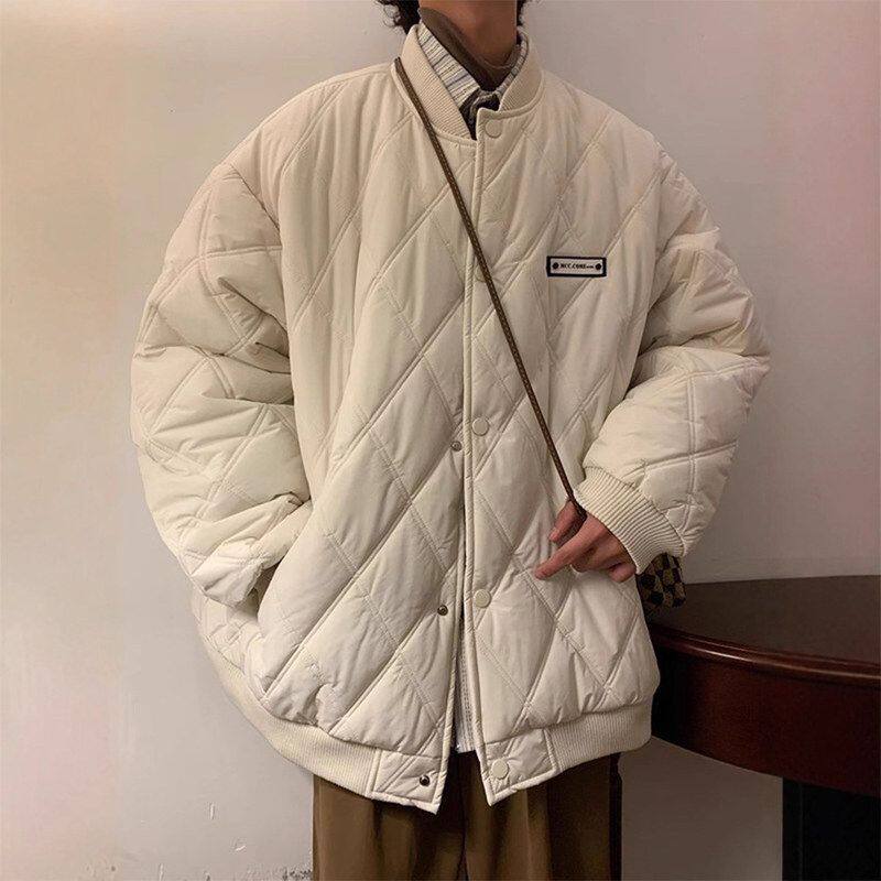 情侣冬季潮牌男外套棉服加厚夹克加棉美式复古菱格棉衣百搭服棒球