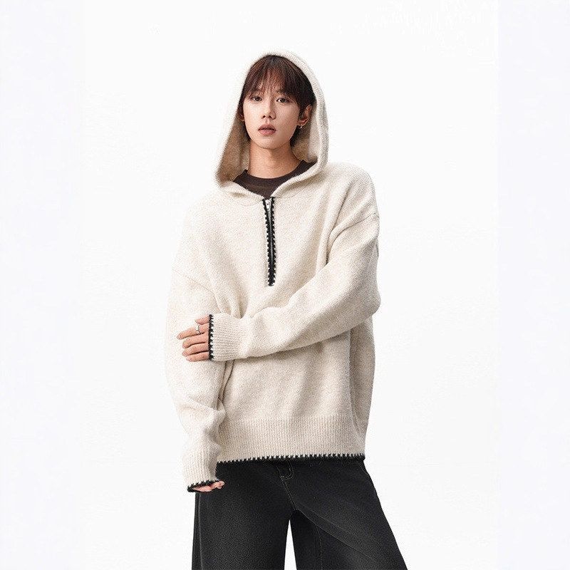 小众毛衣慵懒连帽拉链松弛长袖感感半冬季外套撞色男女针织衫上衣
