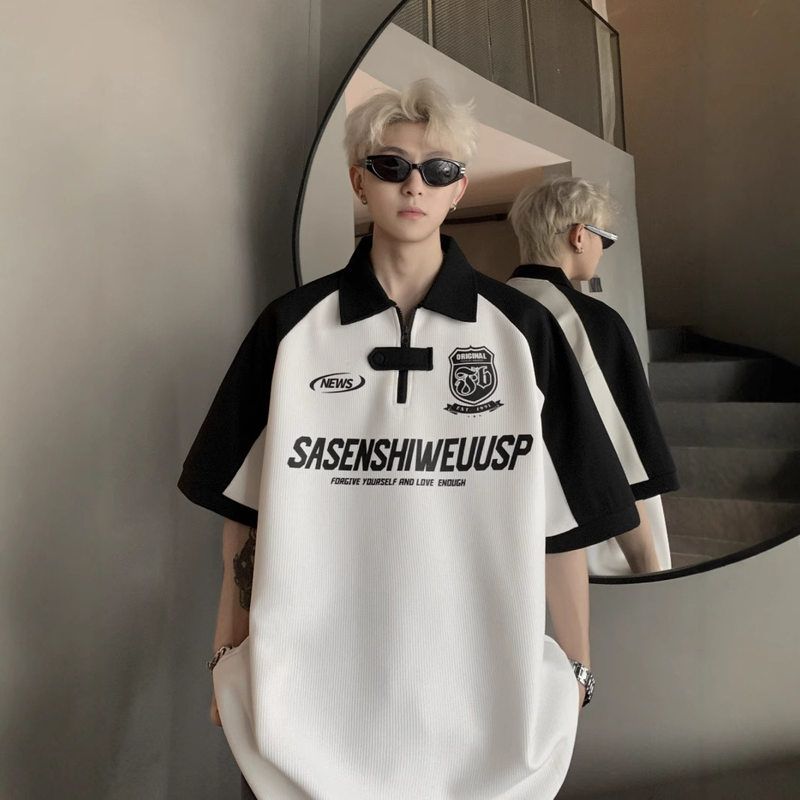 设计感短袖T恤P男款潮流半olo衣服华夫格夏季痞帅美式衫拉链机车