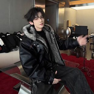 痞帅男棉服美式毛领冬季加绒棉衣皮衣黑色座山雕外套加厚连帽夹克