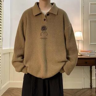 日系慵懒风长袖 冬 Polo领毛衣男美式 复古高级感oversize内搭针织衫