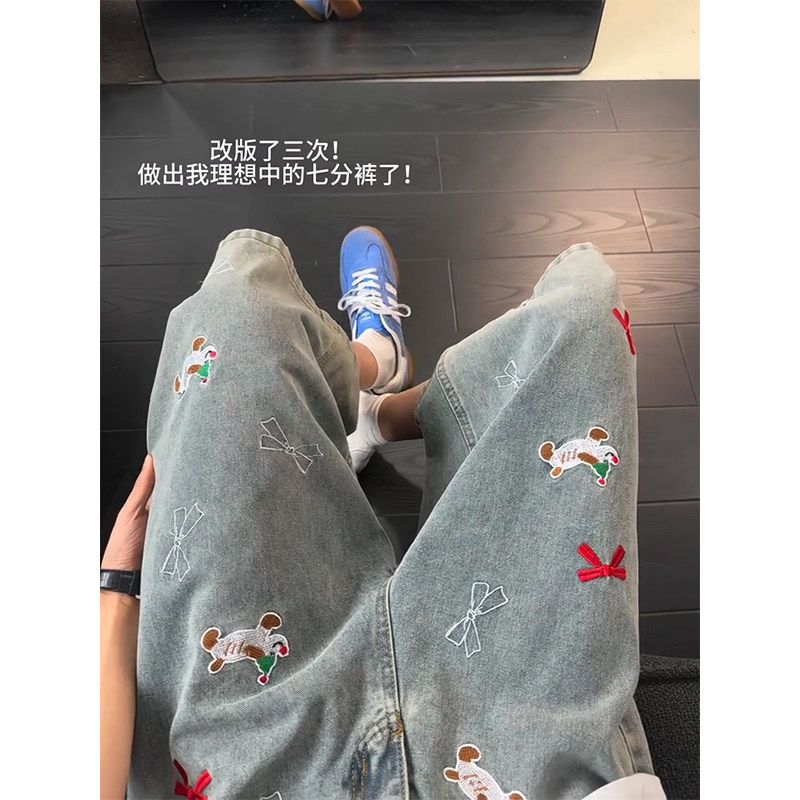 七分c子夏季男款潮牌复古le水洗anfit小狗刺绣美式阔腿裤牛仔短裤