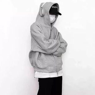 连帽卫衣男秋冬季 印花宽松休闲外套潮 加绒美式 复古hiphop潮牌大码