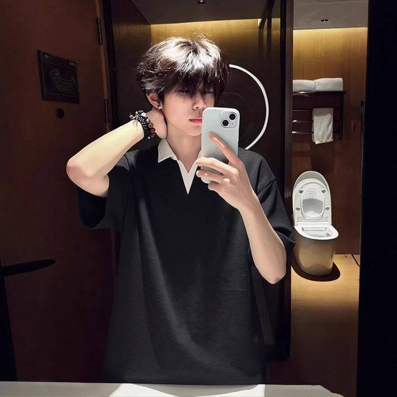翻领OLO假两件重磅黑色美式短袖T恤拼接衫正肩高级感男夏季半袖P
