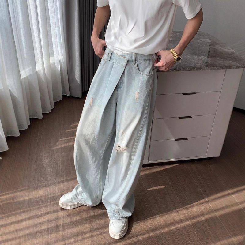 水洗anfit薄款c破洞牛仔裤夏季高级感痞帅男女le美式直筒裤子宽松