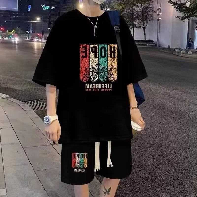 休闲运动套装男夏季潮牌宽松大码短袖男装一套搭配帅气青少年衣服