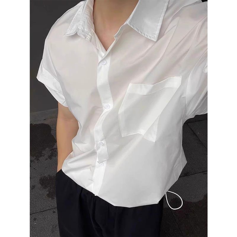 慵懒工装白色美式短袖衬衫抽绳半袖冰丝薄款风痞帅衬衣高级感男款