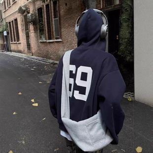 复古休闲连帽卫衣字母重磅450g美式上衣开衫刺绣宽松百搭男款外套