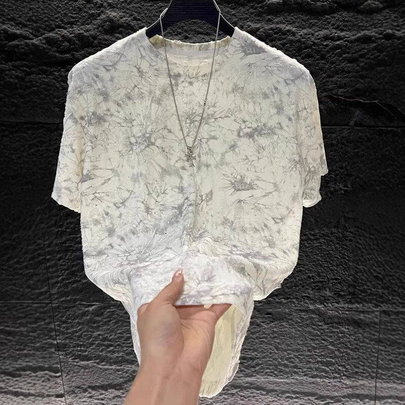 高端男百搭痞帅轻奢T恤潮牌风短袖冰丝老钱破洞T恤高品质体恤扎染