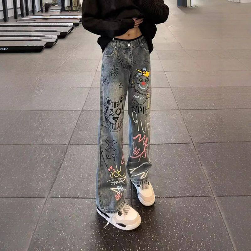 男款微喇手绘设计感涂鸦牛仔裤直筒修身小众春秋长裤高街裤子美式