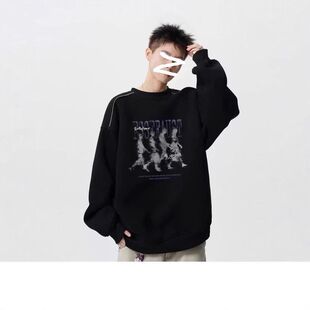 卫衣打底人像男女高级感印花上衣长袖无帽美式百搭秋冬季重磅外套