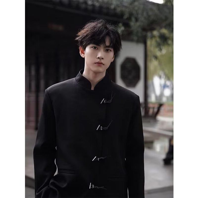 新中式西装外套男垫肩中山装中国风西服小众设计感高级感立领上衣