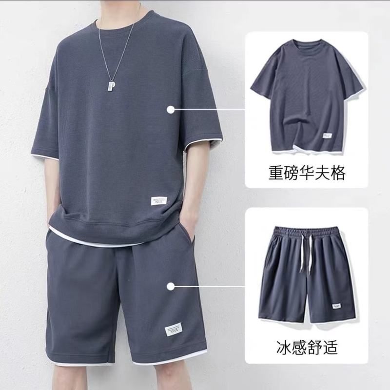 帅气夏季运动男休闲套装搭配衣服潮牌男装一套华夫格t恤短袖冰丝