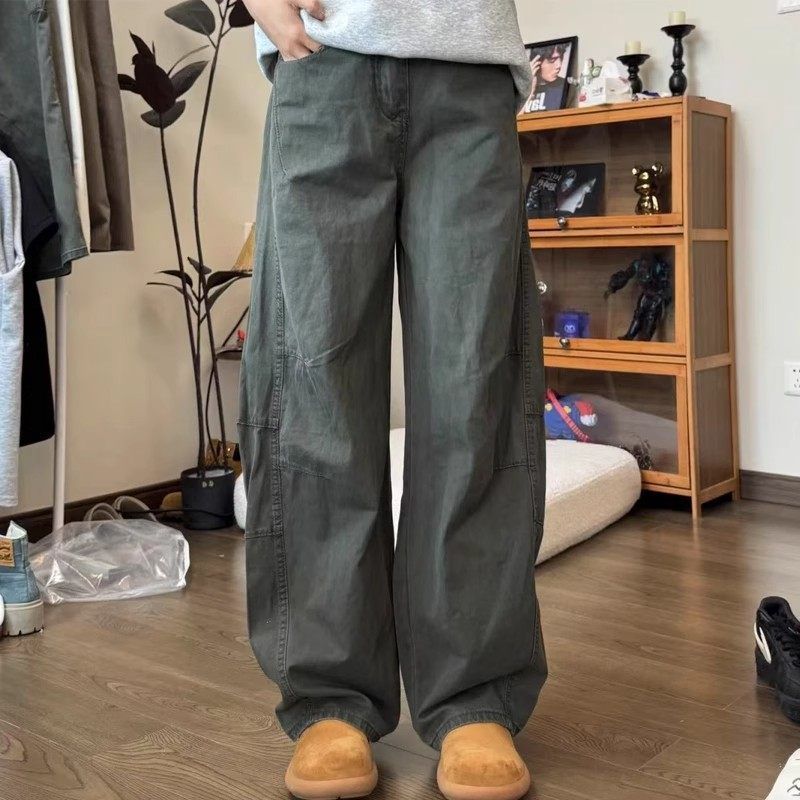 男长裤弯刀美式子牛仔裤阔腿女款夏工装裤baggy棉水洗薄款军绿色