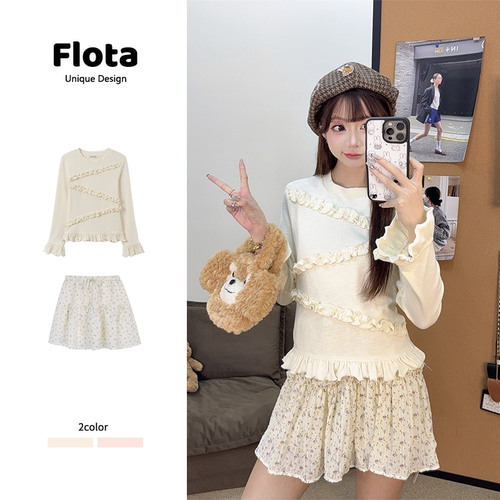 【flota】温柔风不规则木耳花边打底长袖修身显瘦喇叭袖上衣2726
