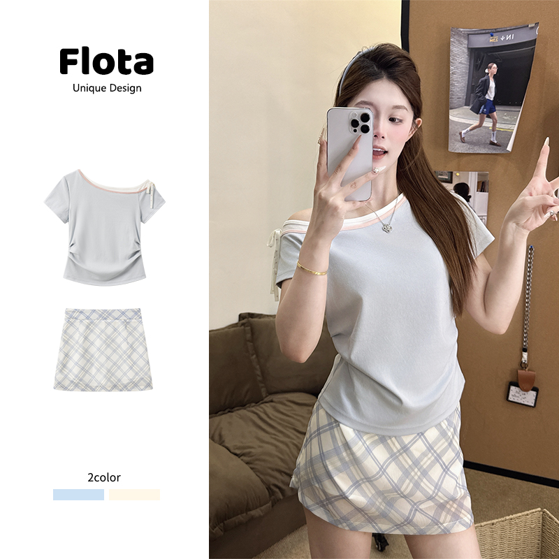 【flota】甜辣风系带蝴蝶结拼色斜肩短袖T恤夏季显瘦短款上衣2303