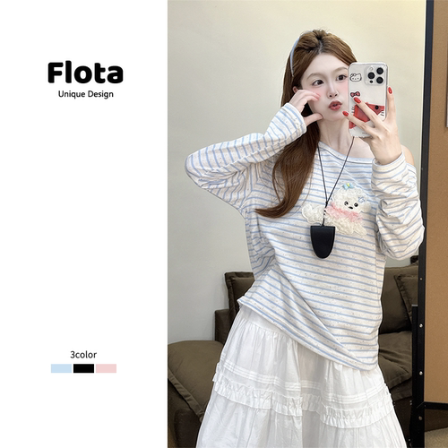 【flota】纯欲蕾丝拼接斜肩植绒小狗条纹长袖早秋宽松上衣女2566