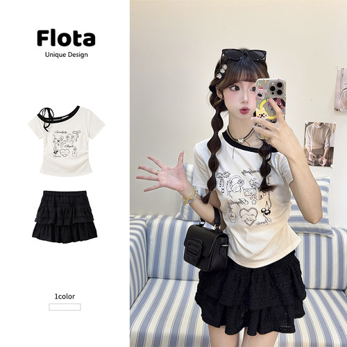 【flota】美式甜酷风印花斜领露肩短袖T恤夏季显瘦绑带短上衣2250